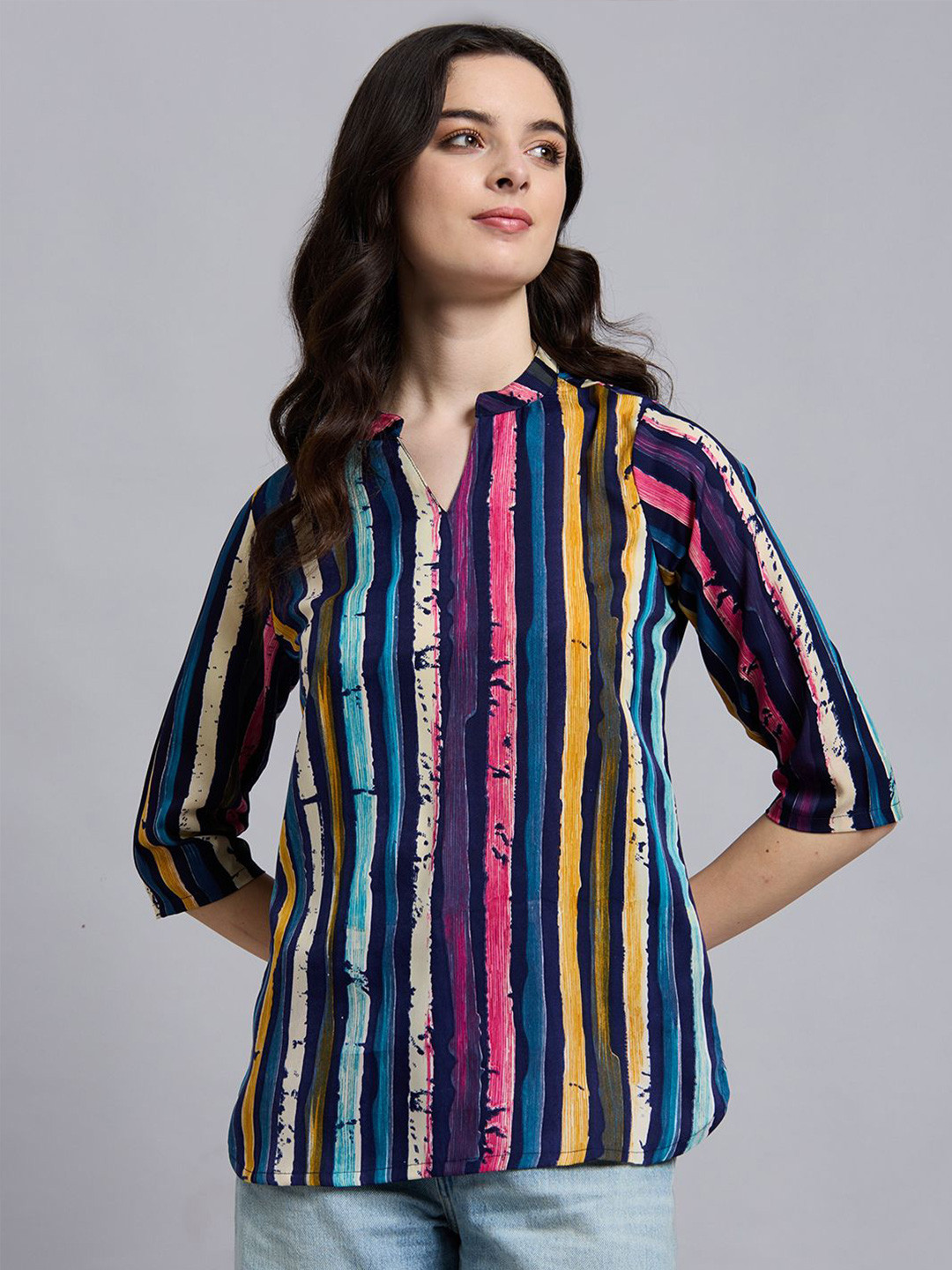 THE FAB FACTORY Women Vertical Stripes Mandarin Collar Roll-Up Sleeves Top