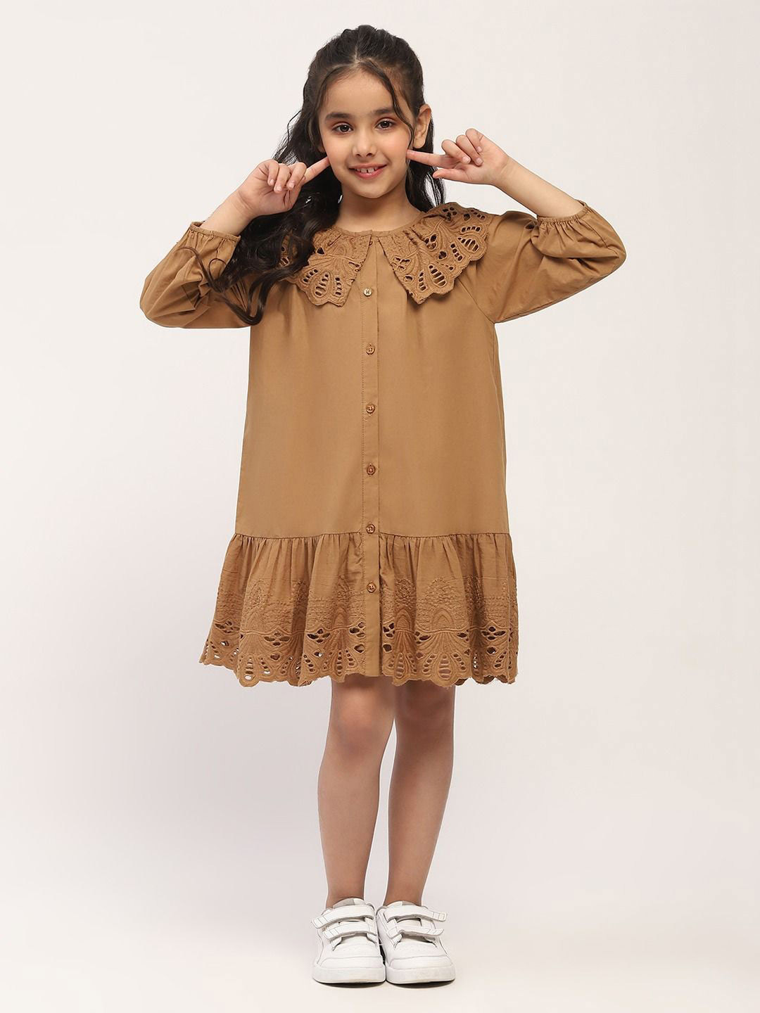 SPUNKIES Charming Brown Embroidered Drop-Waist Dress