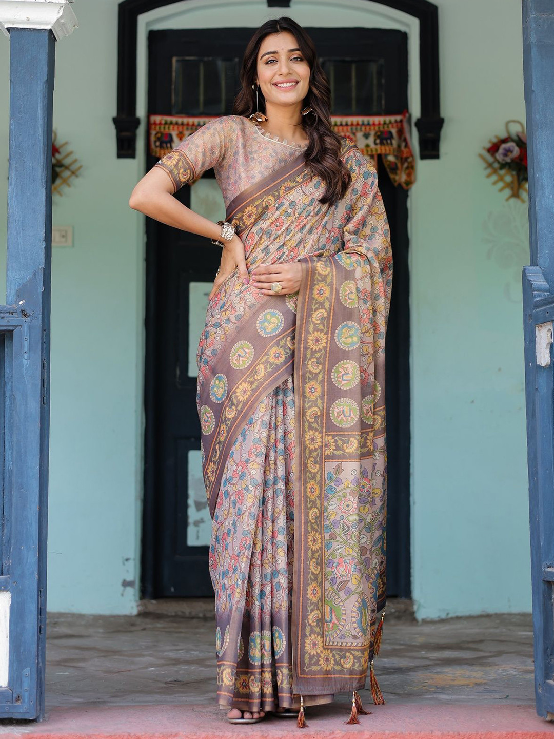 ALMAARI FASHION Digital Prints Pure Cotton Jamdani Saree and Unstitched Blouse Piece