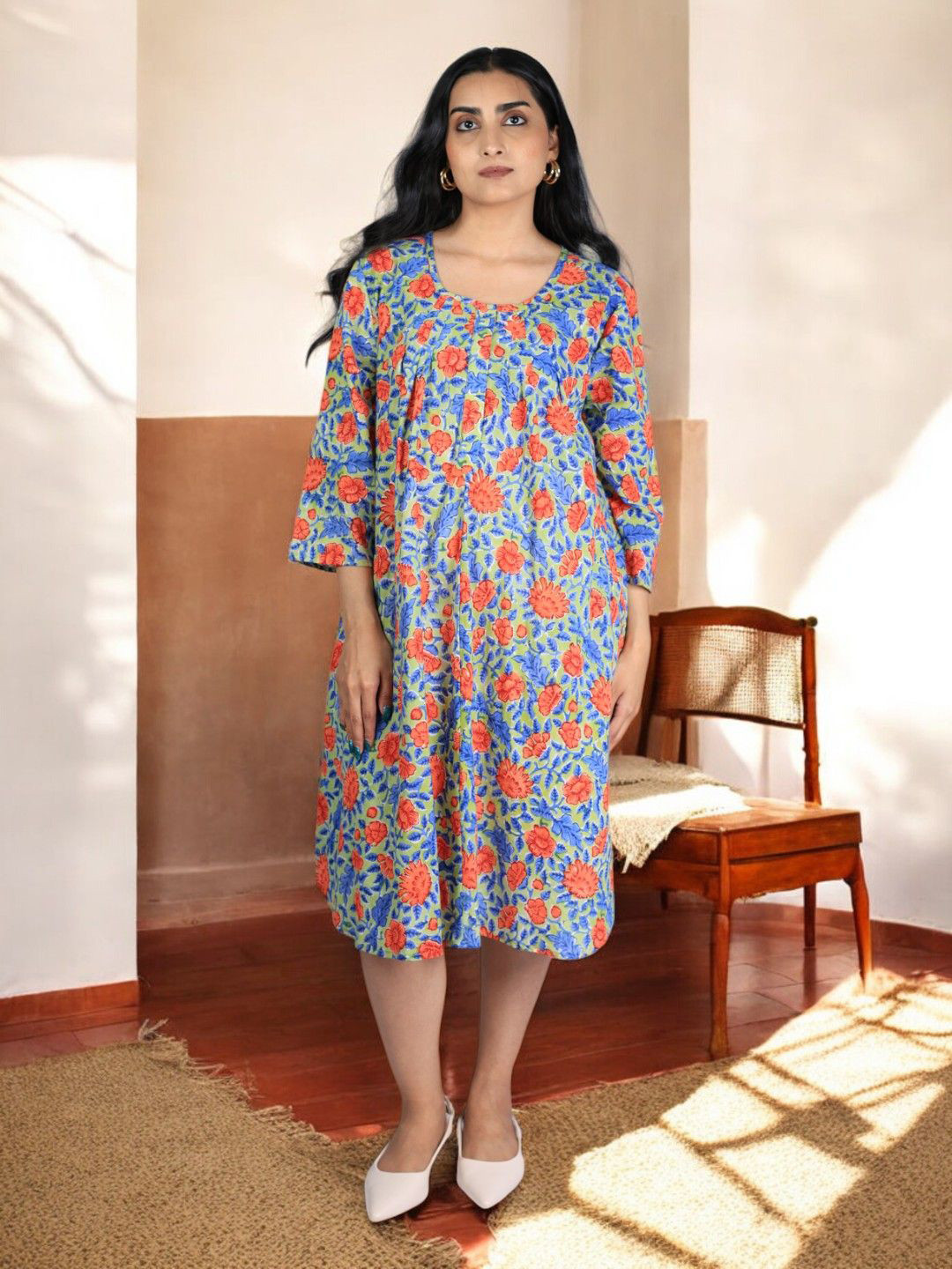 PRETANSHAH Floral Print Handblock Cotton A-Line Midi Dress