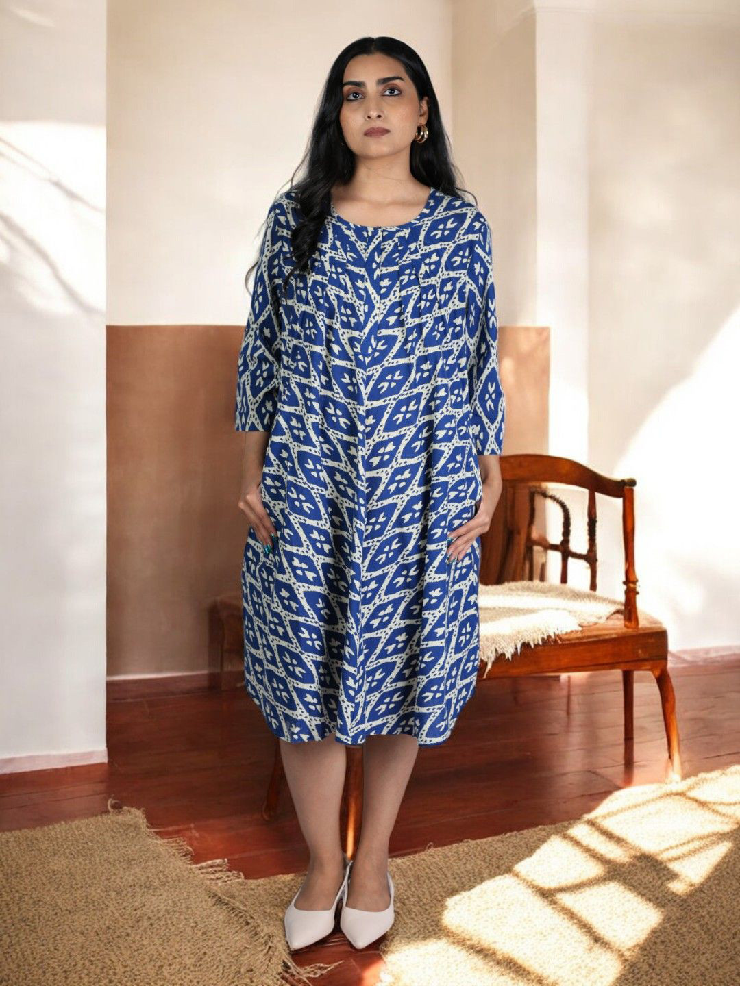 PRETANSHAH BreezeBlock Women Abstract Printed Round Neck Cotton A-Line Dress