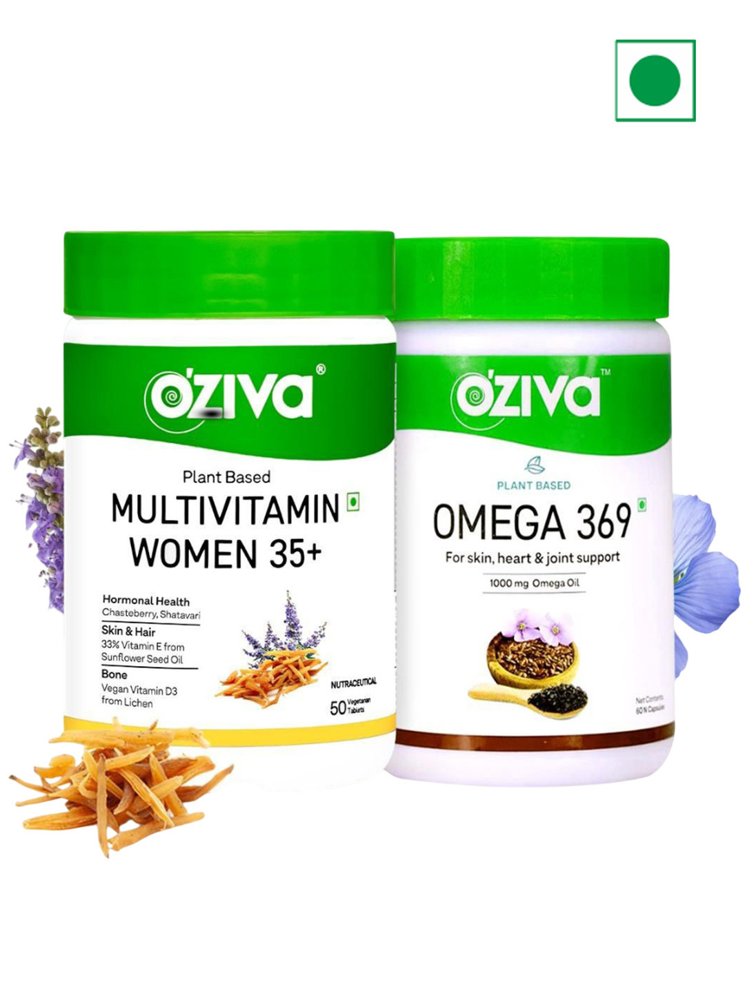 OZiva Set Of 2 Plant Based Multivitamins 50 Tablets With Omega 369 60 Capsules
