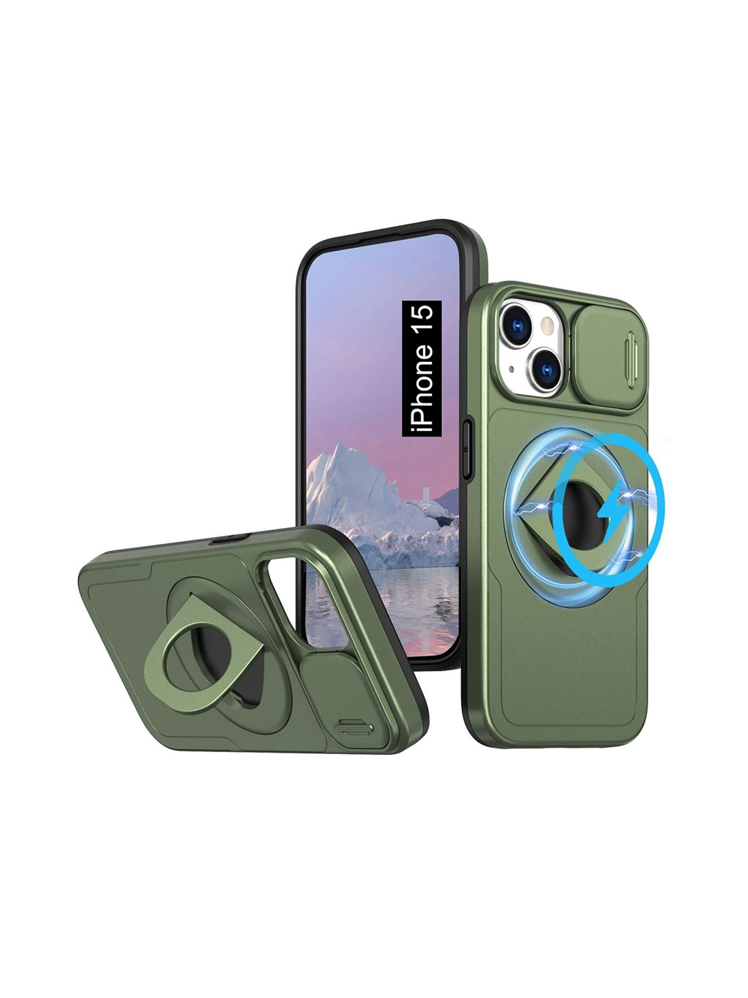 Luxury Kase iPhone 15 Mag-Safe Shockproof Rugged Case with Ring Kickstand