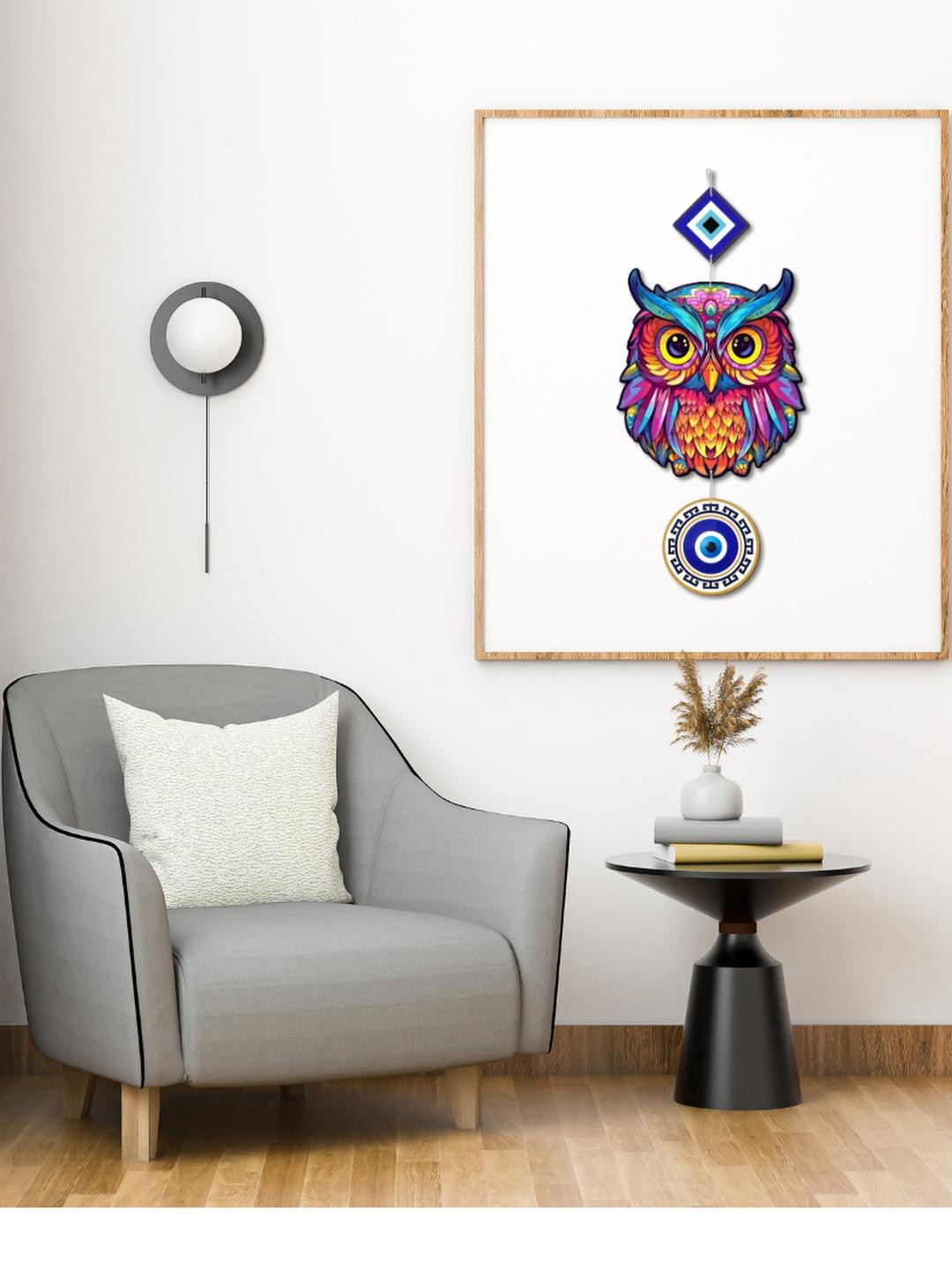 Evercaregifts Colorful Owl Evil Eye MDF Matte Hanging Hall Wall Hangings-18In