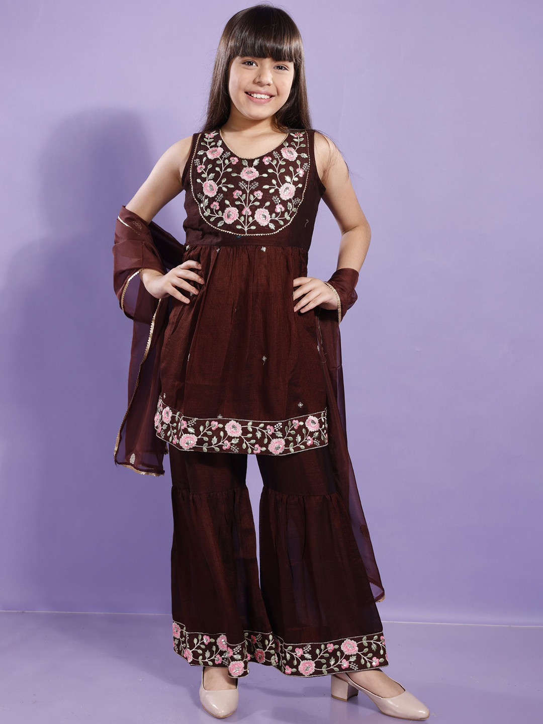 CurlyTales Girls Silk Embroidered Kurta and Sharara Set with Dupatta