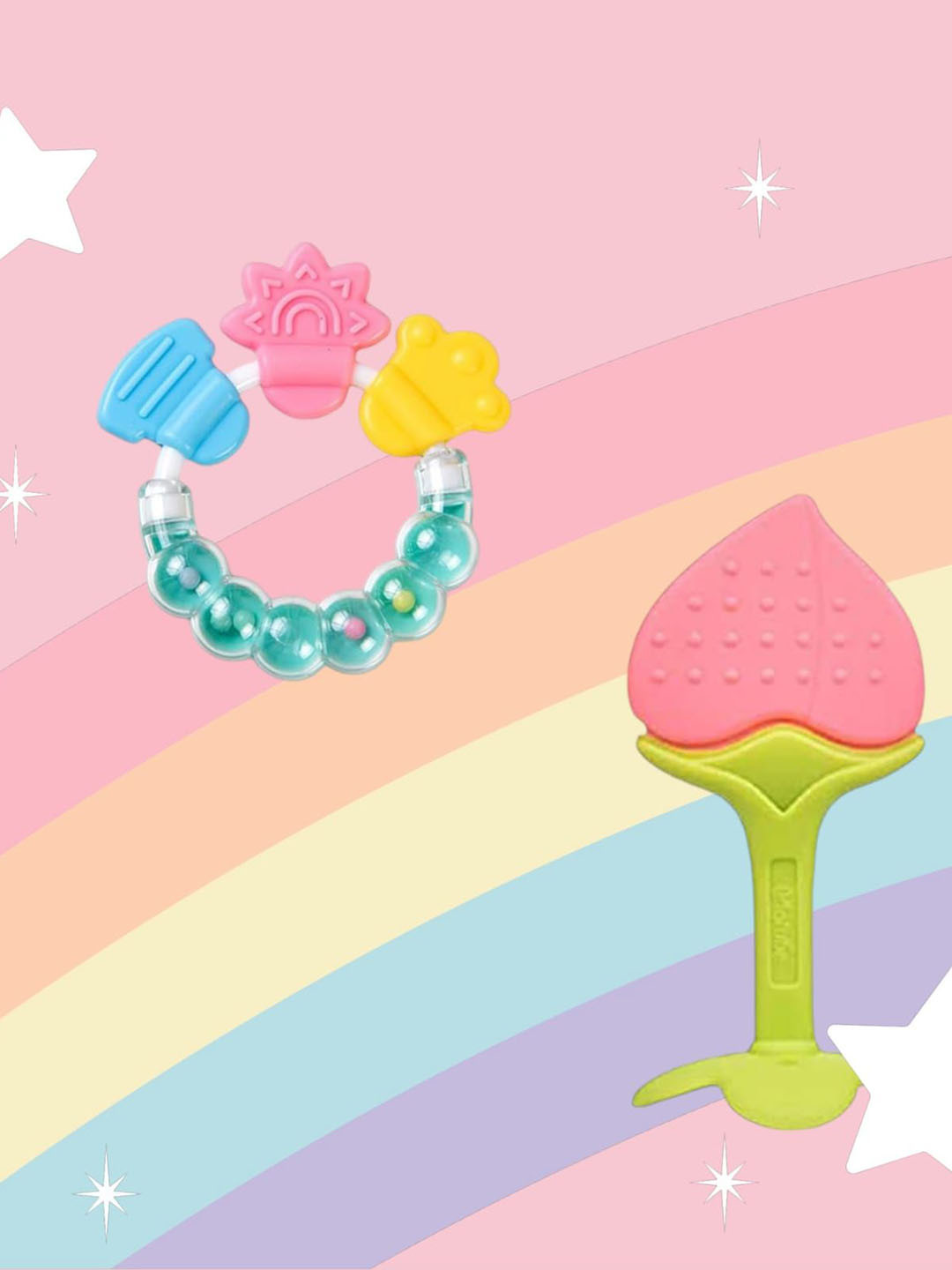 Joy Buzz Kids Set Of 2 Baby Rattle & Stand Teether - Green & Peach Colored