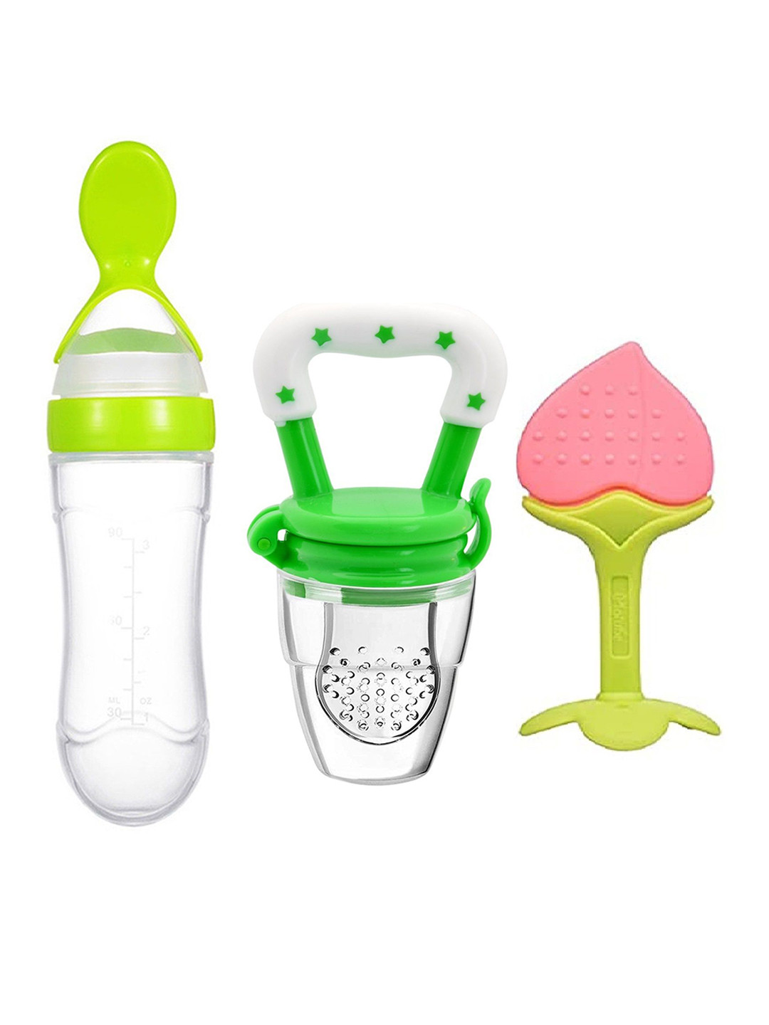 Joy Buzz Kids Set Of 3 Baby Spoon Feeder Fruit Feeder & Teether - Green & Pink