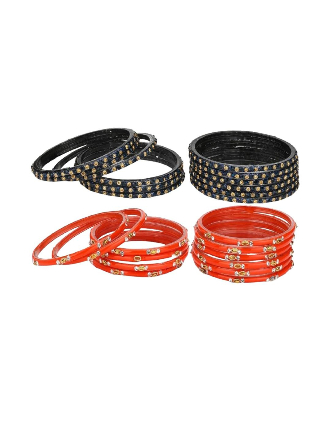 1ST TIME Black And Orange Traditional Glass Bangles Set