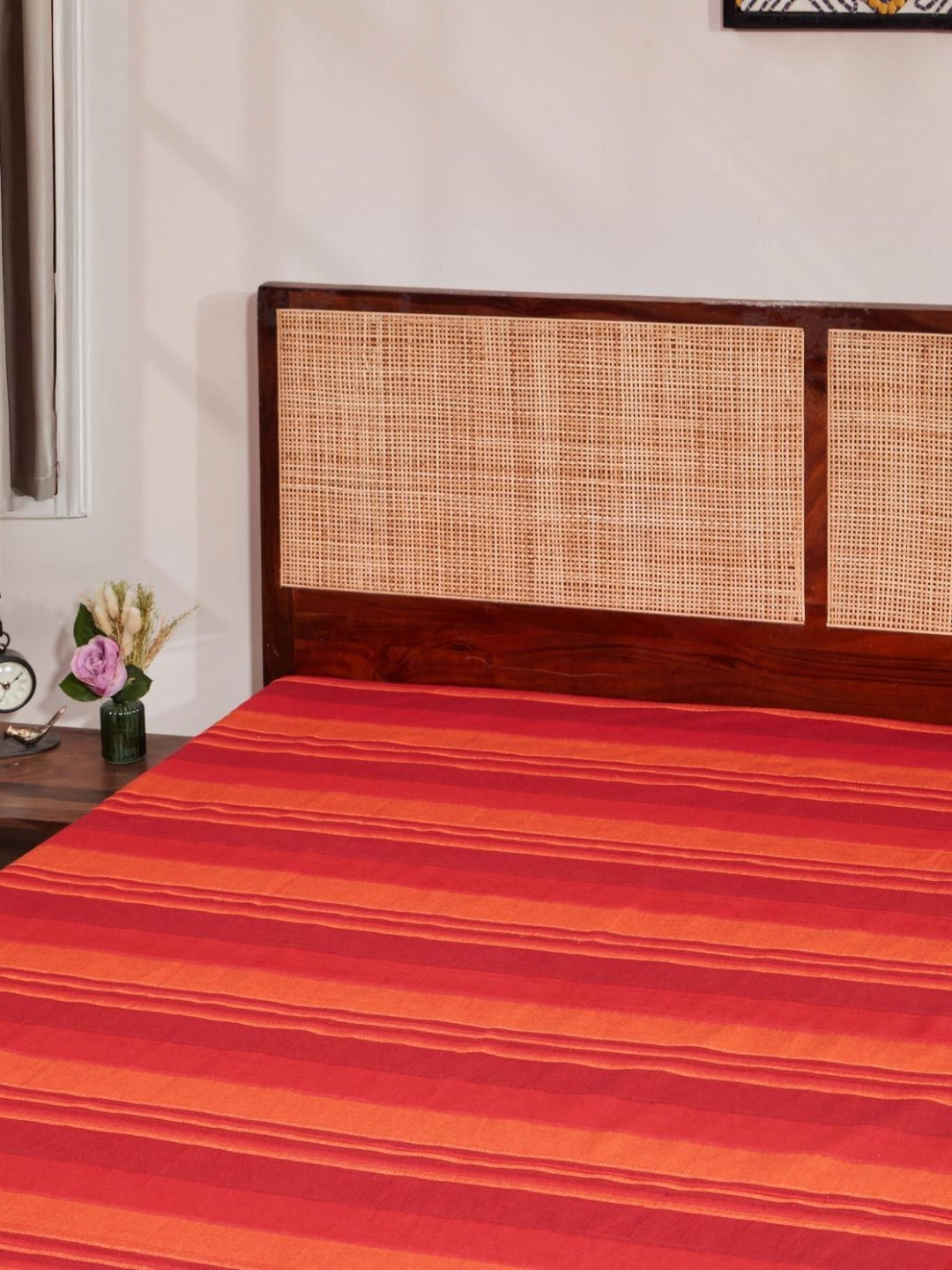 Fabindia Tarana Red & Orange-Colored Striped Cotton 120 TC Double Bed-King Bed Cover