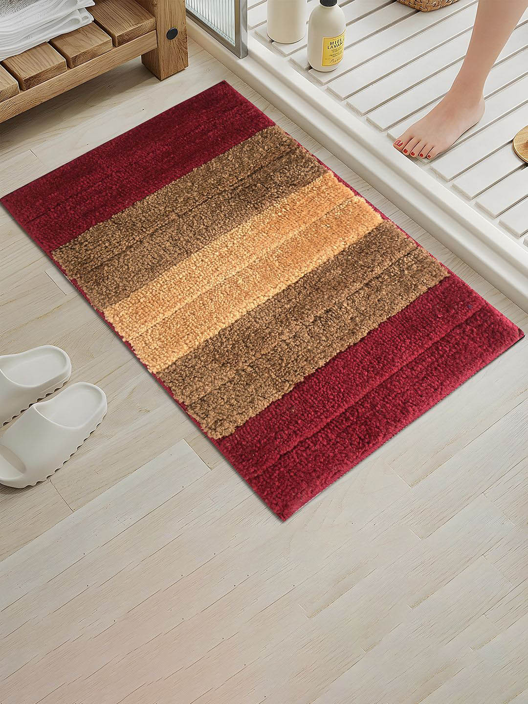 Kuber Industries Brown & Maroon Striped Water Absorbent Bath Rug
