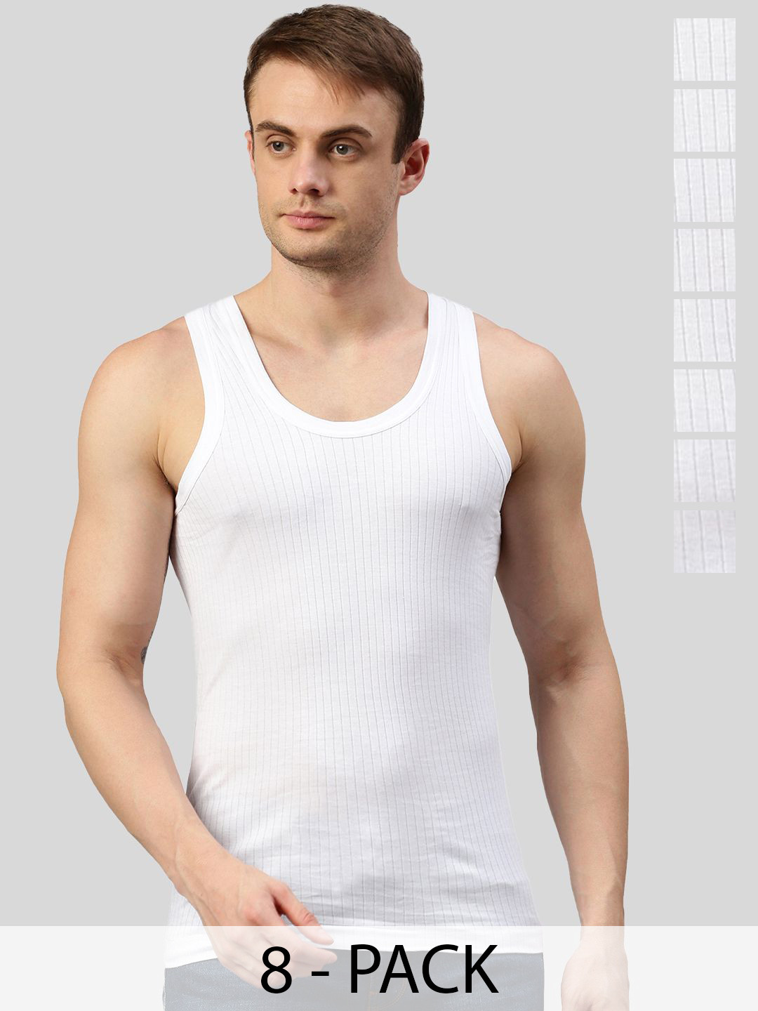MACHO Sporto Pack Of 8 Ribbed Ultrasoft Pure Cotton Vests ASI021BRN2P-WHT-8PC