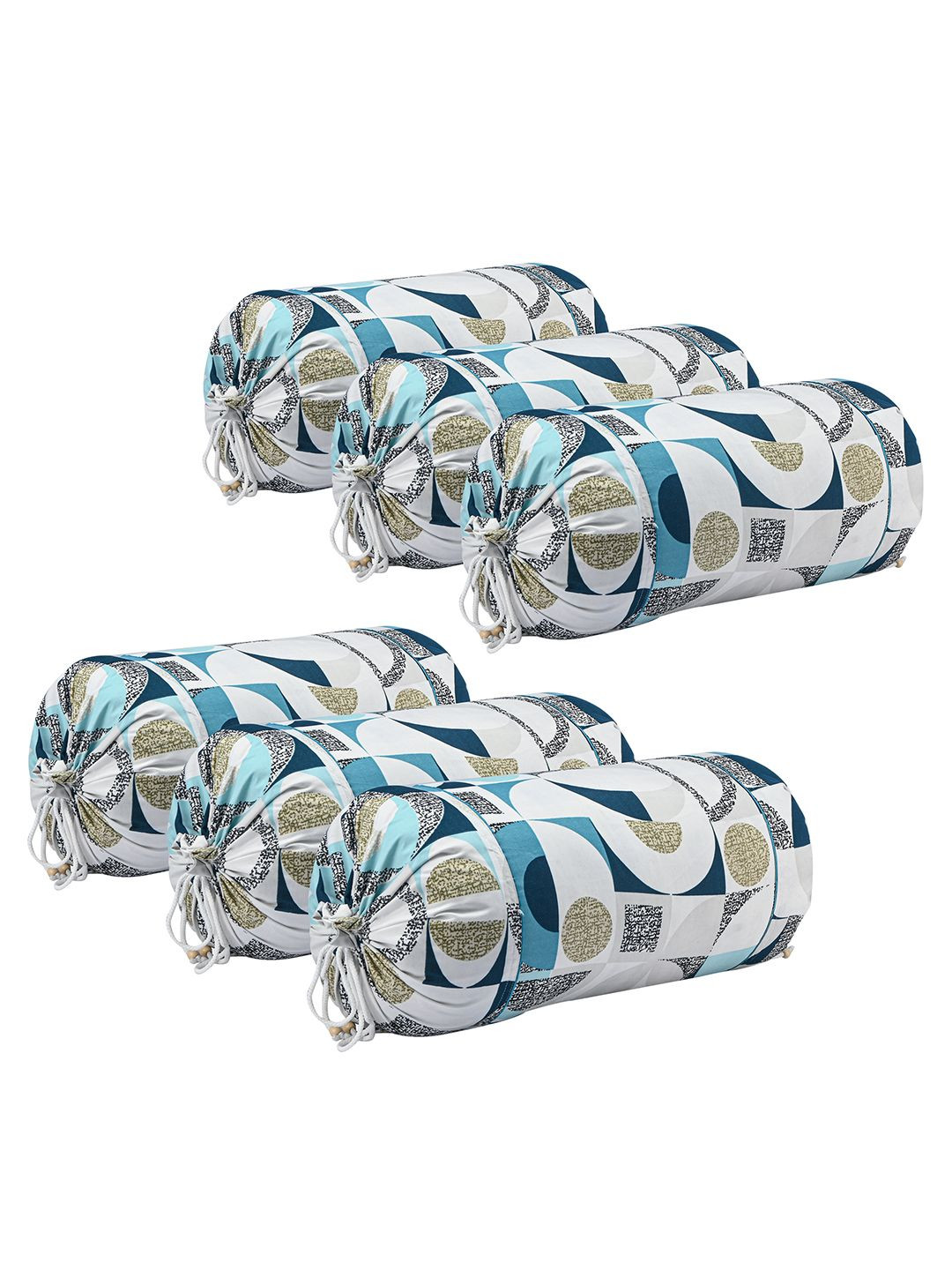 Kuber Industries 6Pc White & Blue Geometric-Printed Cotton Bolster Covers With Drawstrings