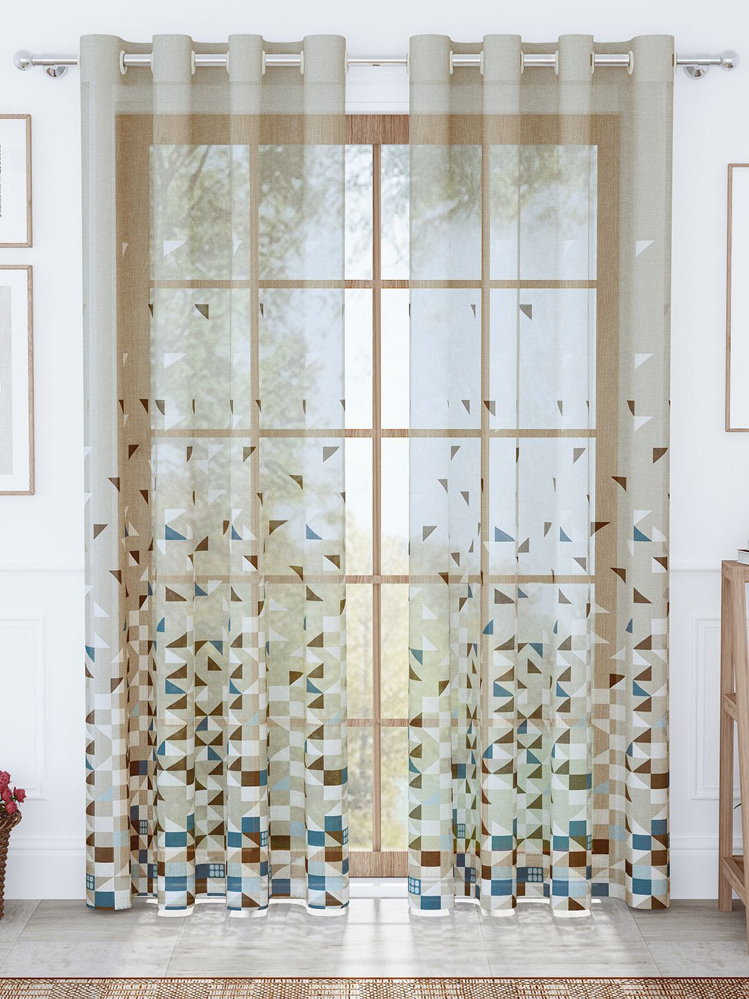 Story@home Aurum Blue & Cream Colored 2 Pieces Geometric Printed Sheer Long Door Curtain