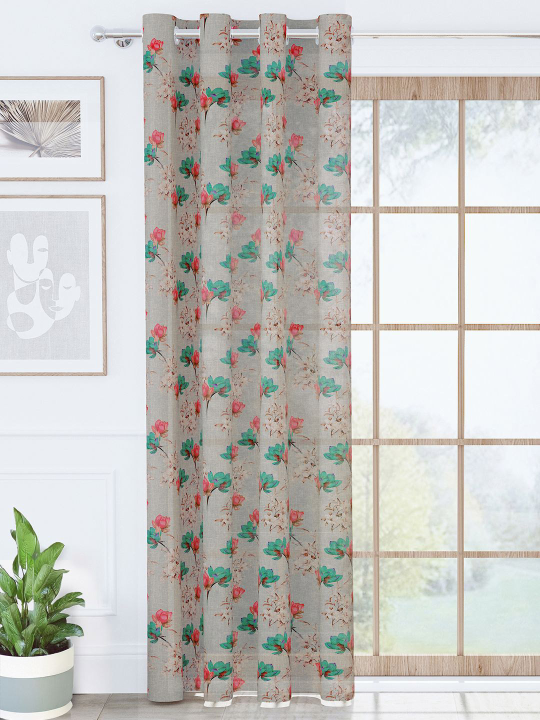 Story@home Aurum Grey & Pink Floral Sheer Door Curtain