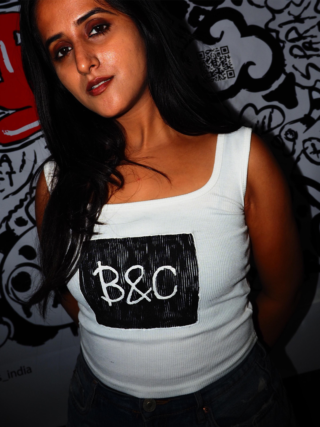BANGS AND CRACKLES White Ribbed Cotton Tank Top with Hand-Drawn B&C Print