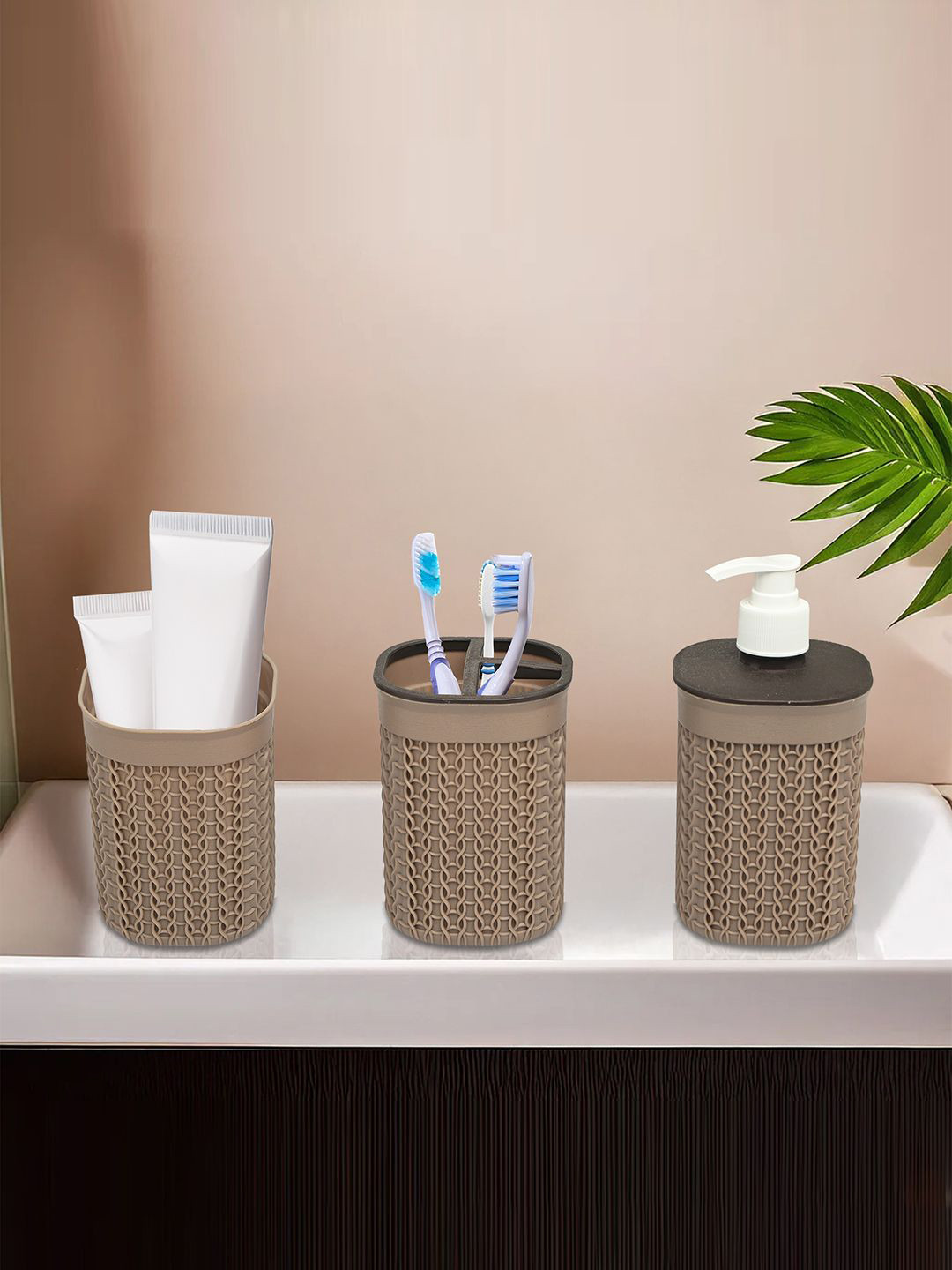 Kuber Industries 3 Pieces Beige Soap Dispenser Tooth Brush Holder with Tumbler