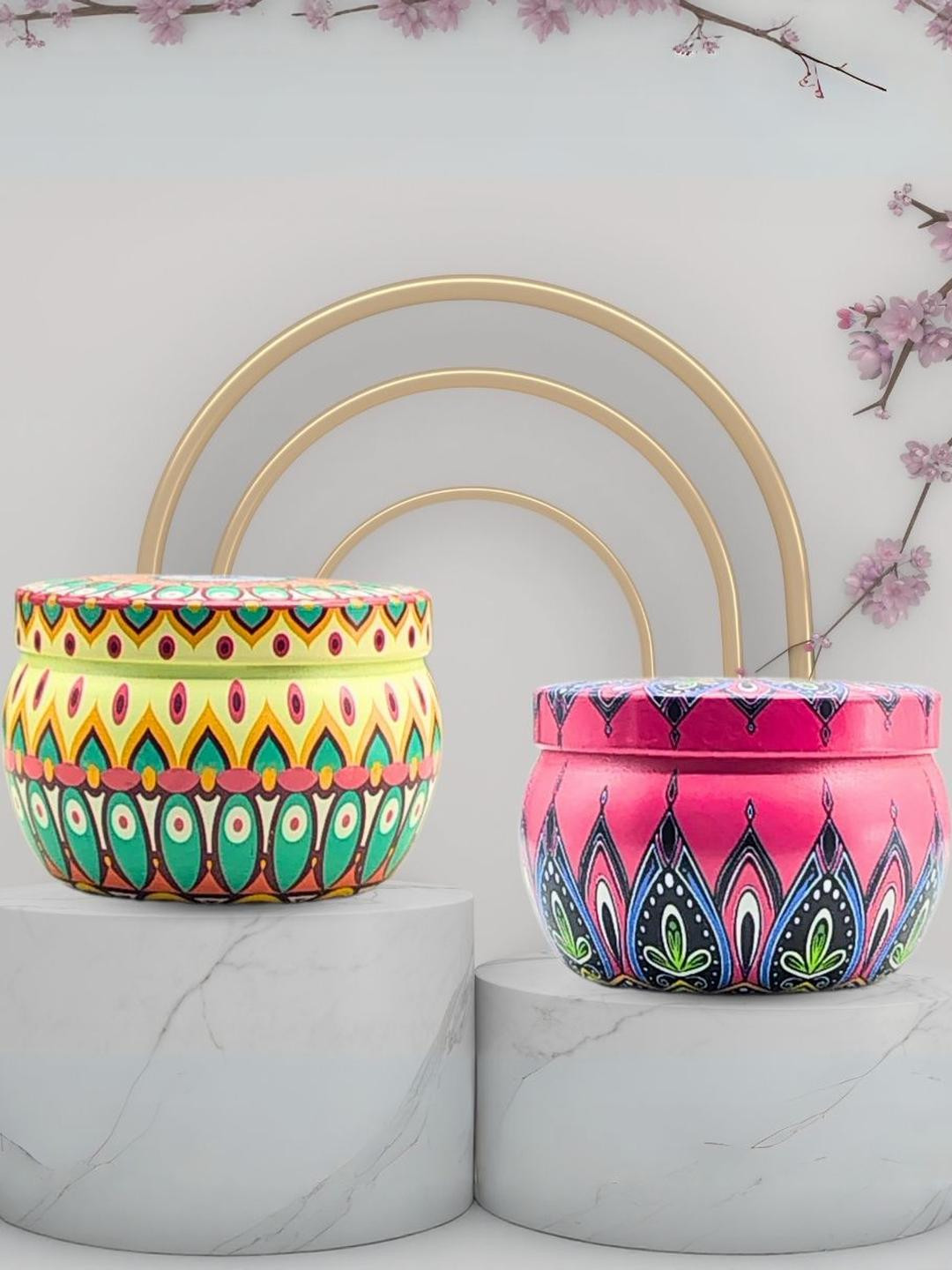 Asian Aura Premium 2Pcs 1 Wick Rose and Jasmine Ethnic Motifs Round Regular Jar Candles