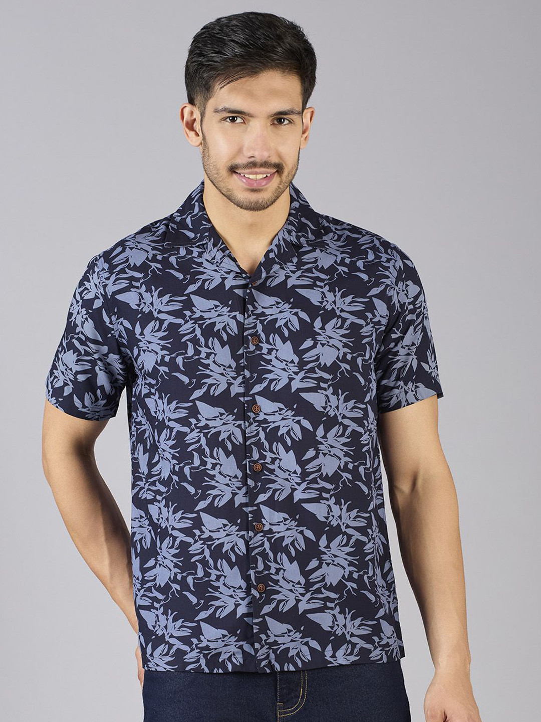 Mast & Harbour Lego Heavy Navy Blue & Grey Floral Printed Relaxed Fit Cotton Casual Shirt