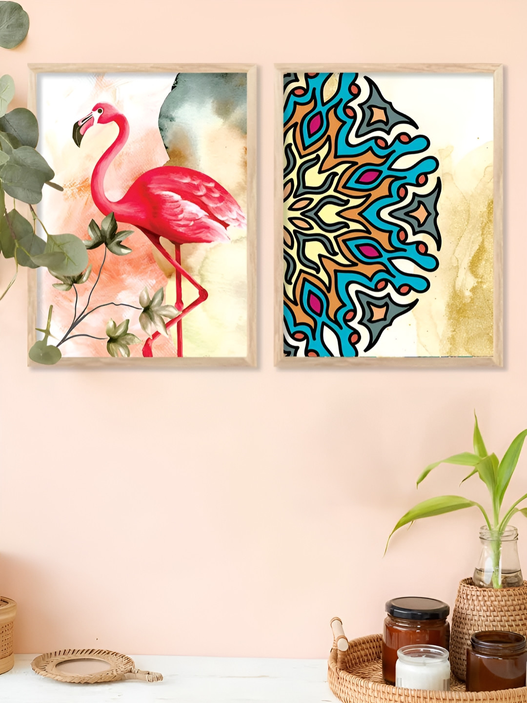 Kotart Brown & White 2 Pieces Swan & Mandala Printed Wooden Wall Arts