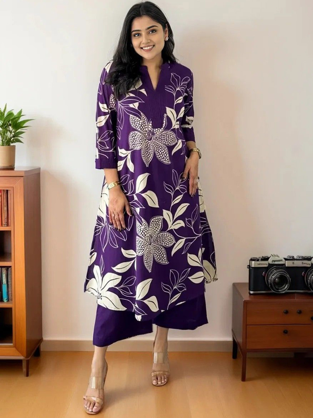 KALINI Floral Printed Mandarin Collar Pure Cotton A-Line Kurta With Trousers