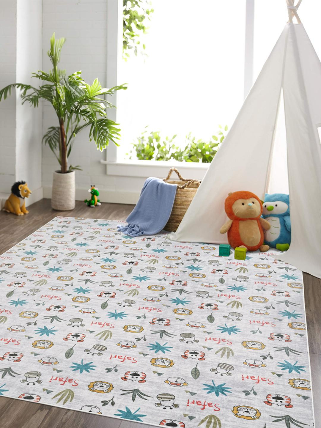 Kaleen India White Animal Printed Anti-Skid Polyester Carpet