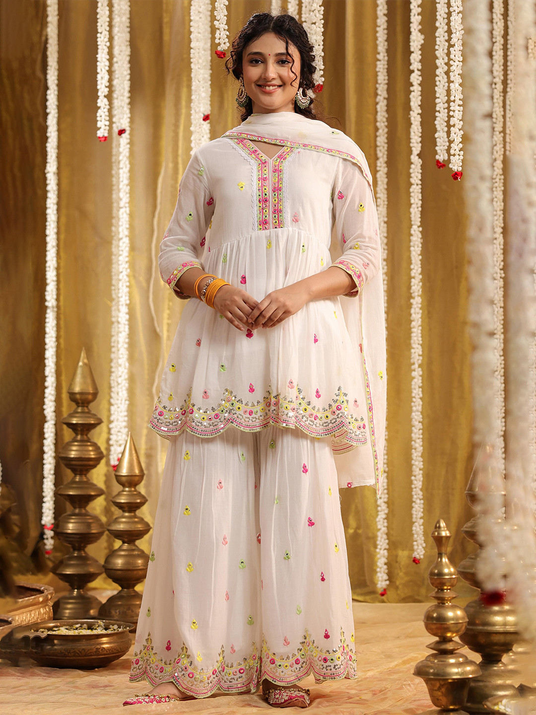 SCAKHI Women White Mulmul Mirror and Sequin Embroidered Kurta With Sharara and Dupatta