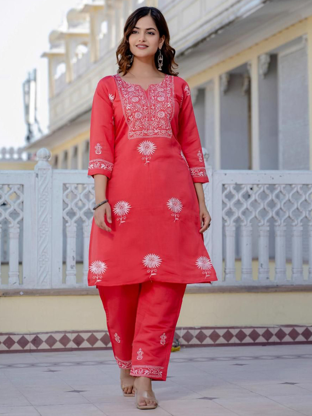 Tilton Floral Embroidered Notch Neck Silk Straight Kurta With Trousers