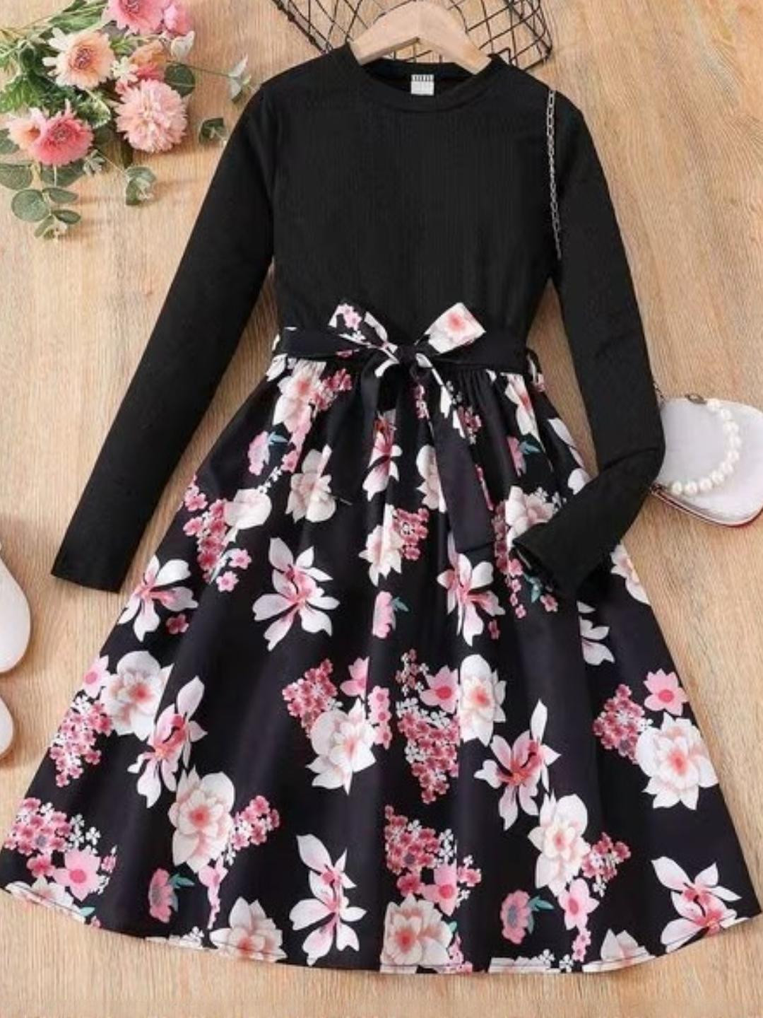 FLANZE Girls Floral Printed Fit & Flare Dress