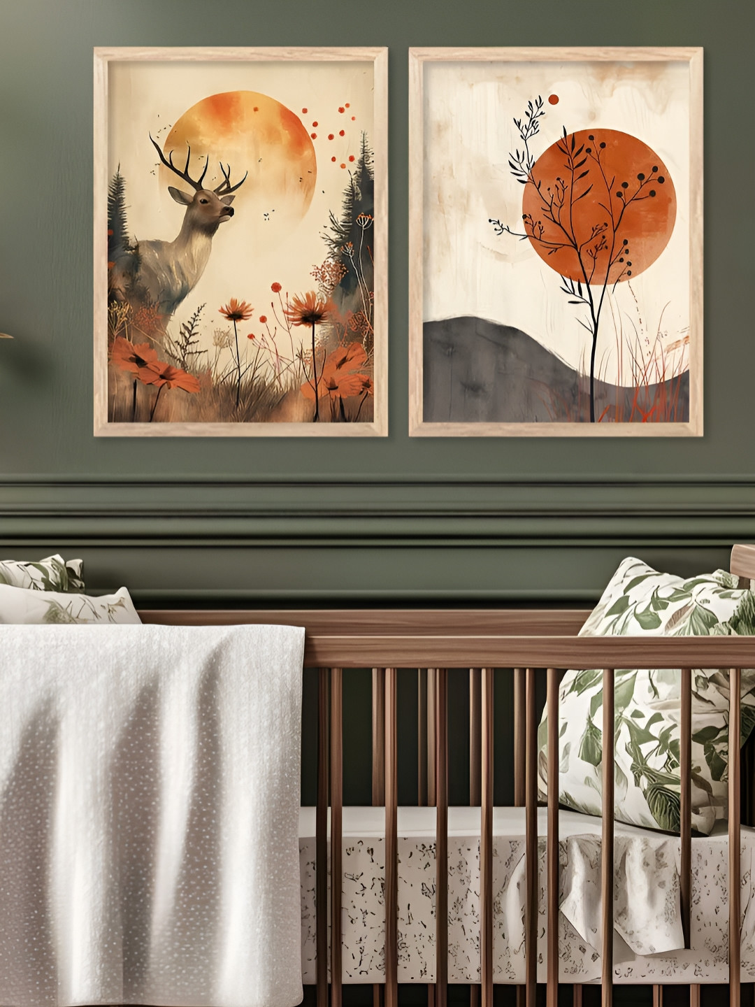 Kotart Brown & Off White 2 Pieces Deer& Trees Printed Wooden Wall Arts