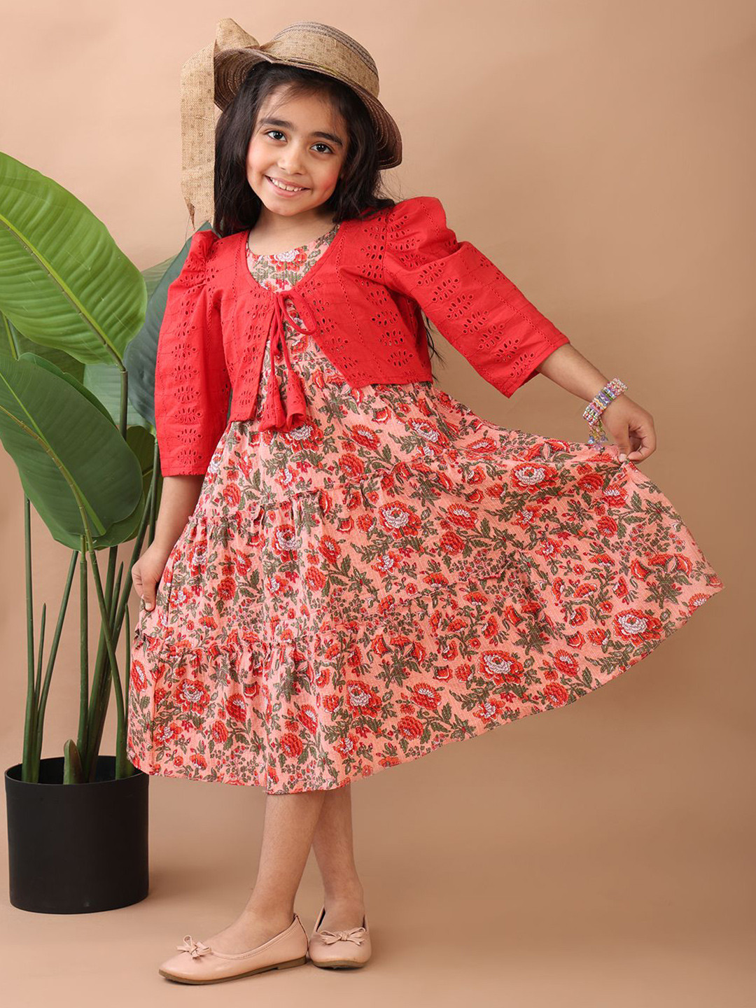 Sangria Girls Floral Printed Cotton Sleeveless Dress With Hakoba Jacket