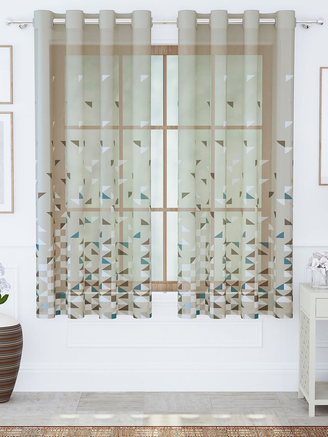 Story@home Aurum Blue & Grey 2 Pieces Geometric Sheer Window Curtains