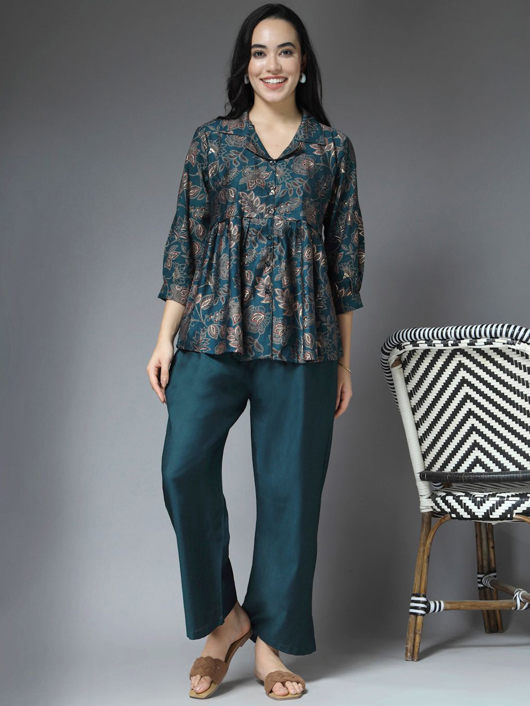 ETC Women Ethnic Printed Lapel collar Tunic And Trousers C-ords Set