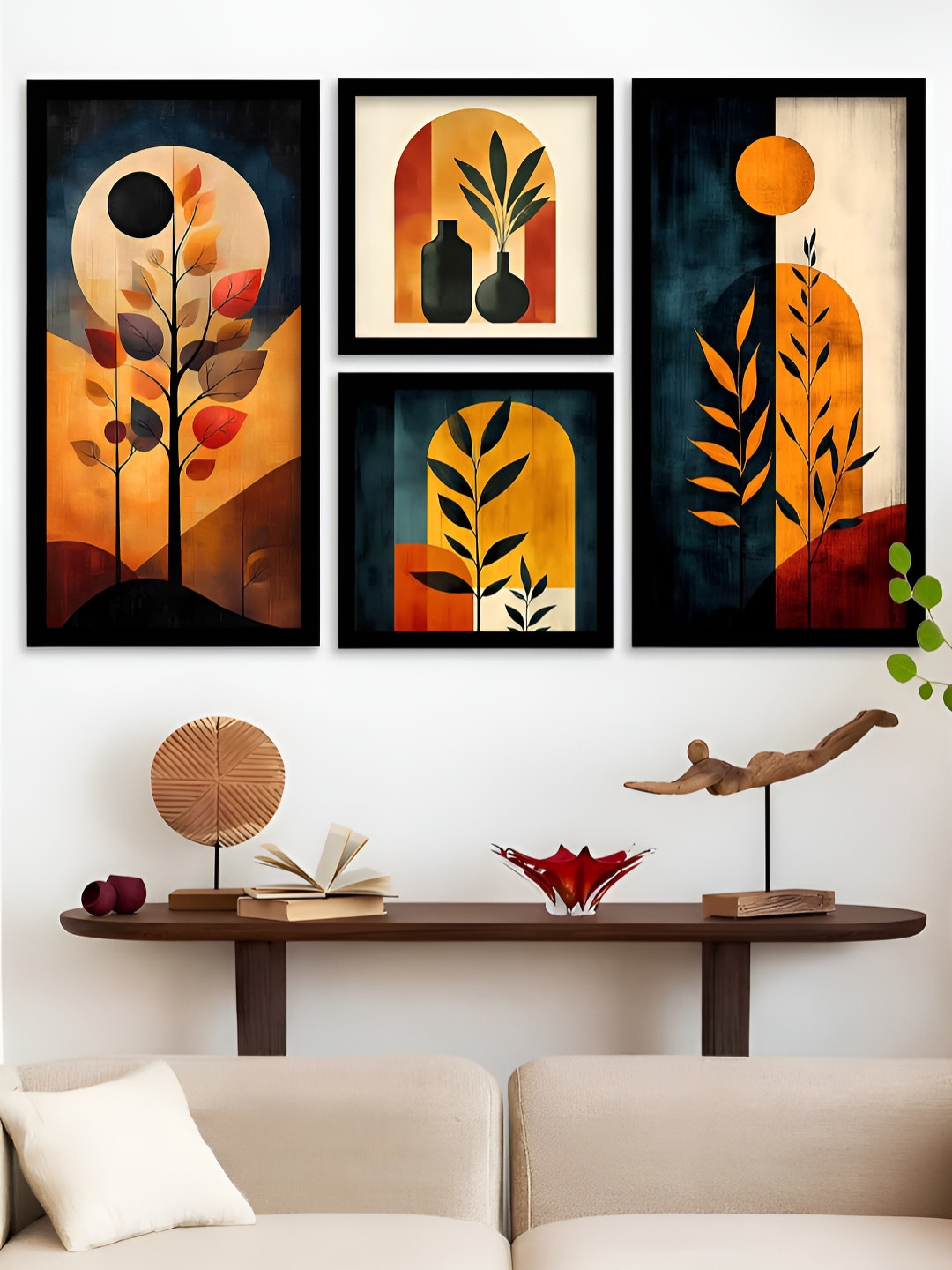 Kotart Black And Orange 4 Piece Wood Abstract Wall Paintings