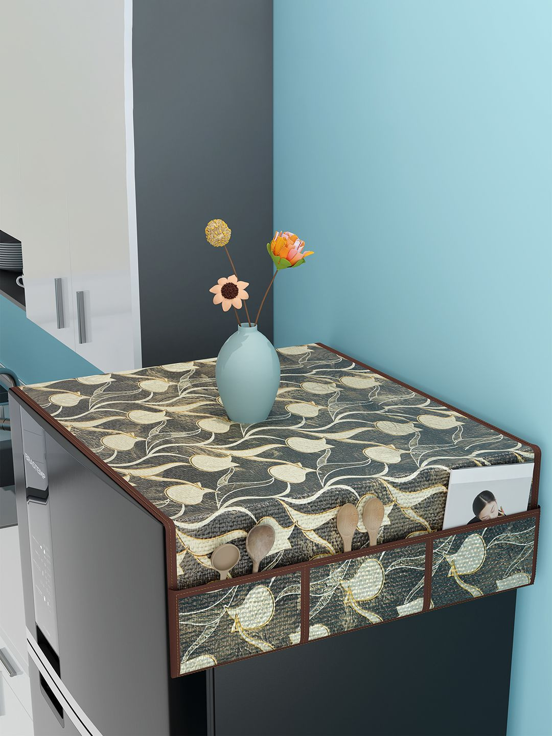 Kuber Industries Brown & Beige Tulip Luxury Cutwork Fridge Top Cover With 6 Pockets