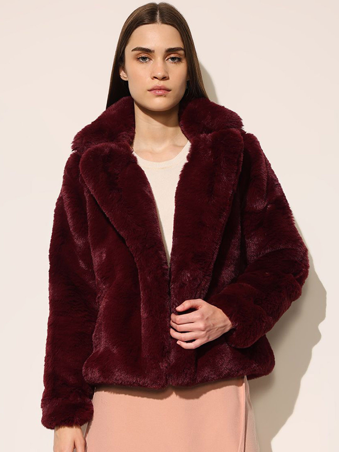 ONLY  Self Design Lapel Collar  Faux Fur Open Front Jacket