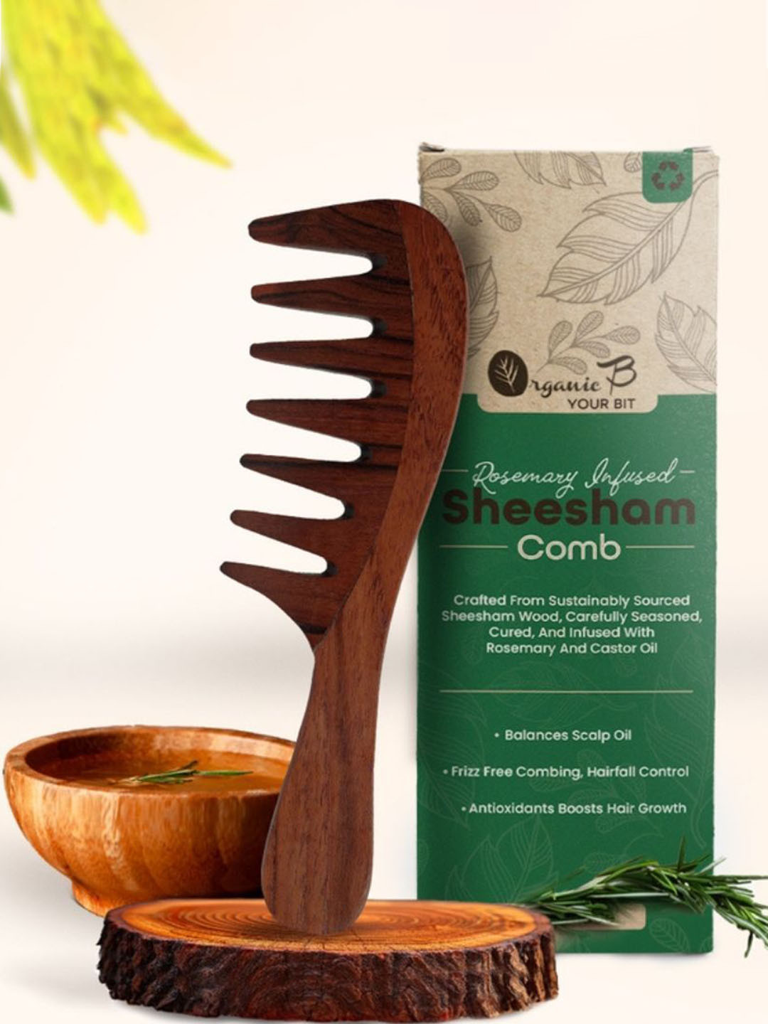 Organic B Indian Rosewood Curve Handle Extra Wide Tooth Comb Infused With Rosemary -Brown