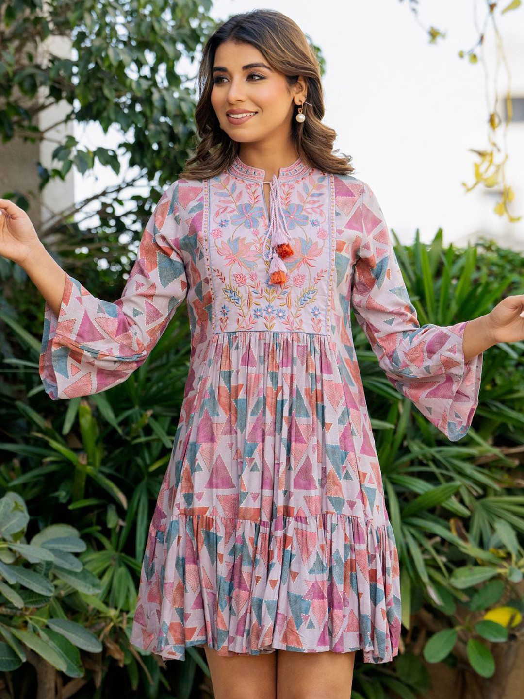 HOUSE OF JAMOTI Women Geometric Printed Embroidered Tired Fit & Flare Dress