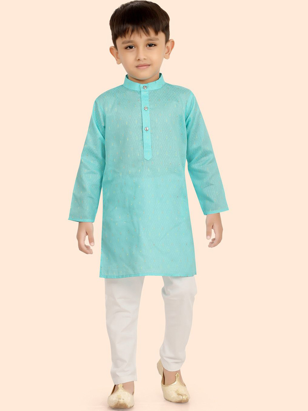 Ethniks Neu-Ron Boys Woven Design Mandarin Collar Regular Kurta with Pyjamas