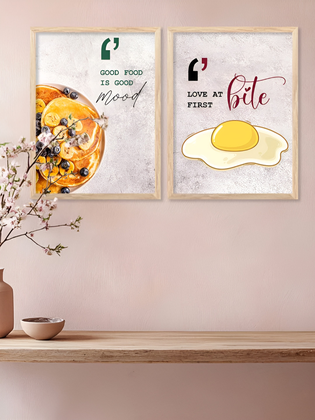 Kotart Brown & Off White 2 Pieces Pizza & Egg Printed Wooden Wall Arts