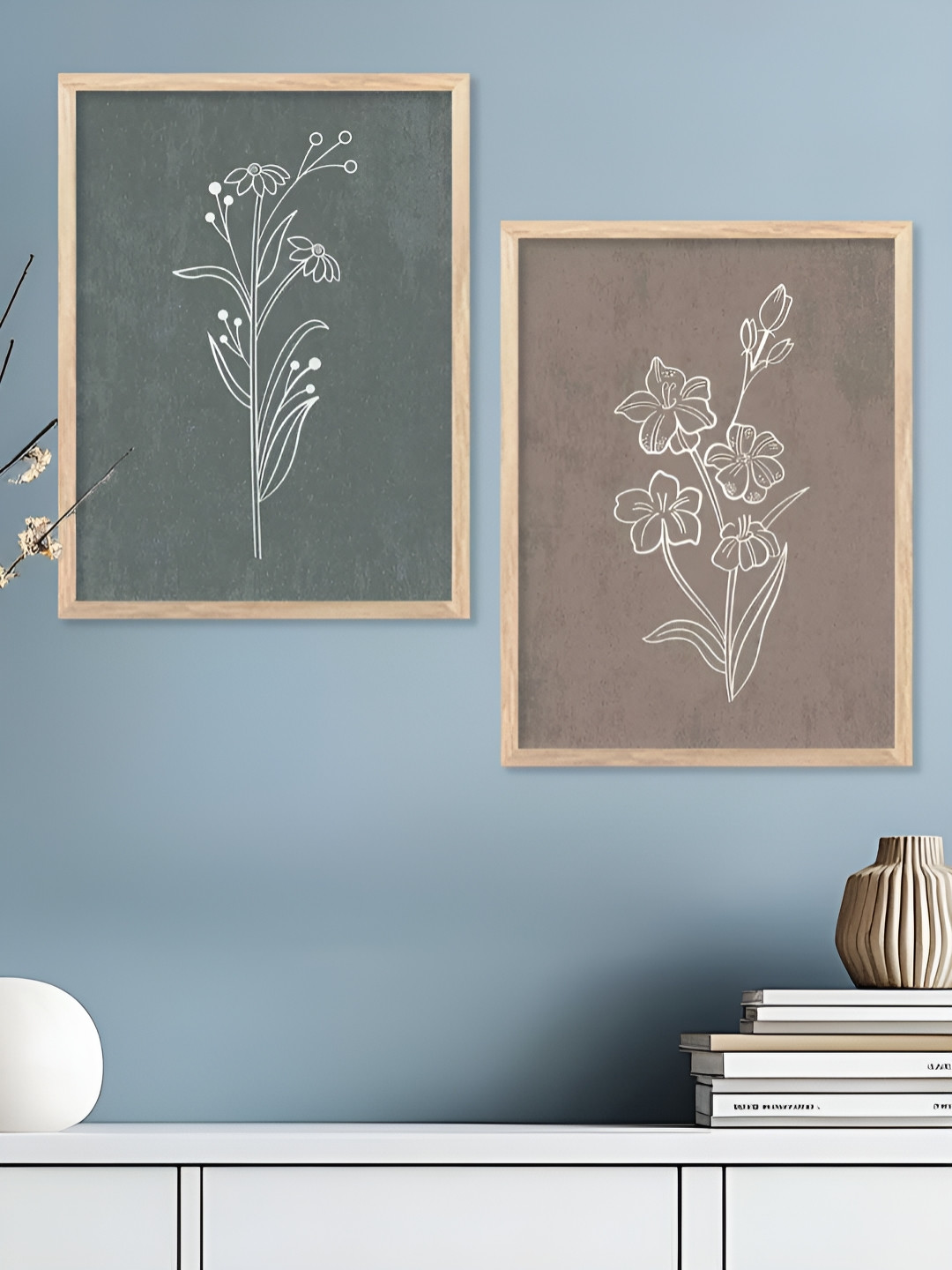 Kotart Brown And Gray 2 Pieces Floral printed Wooden Wall Arts