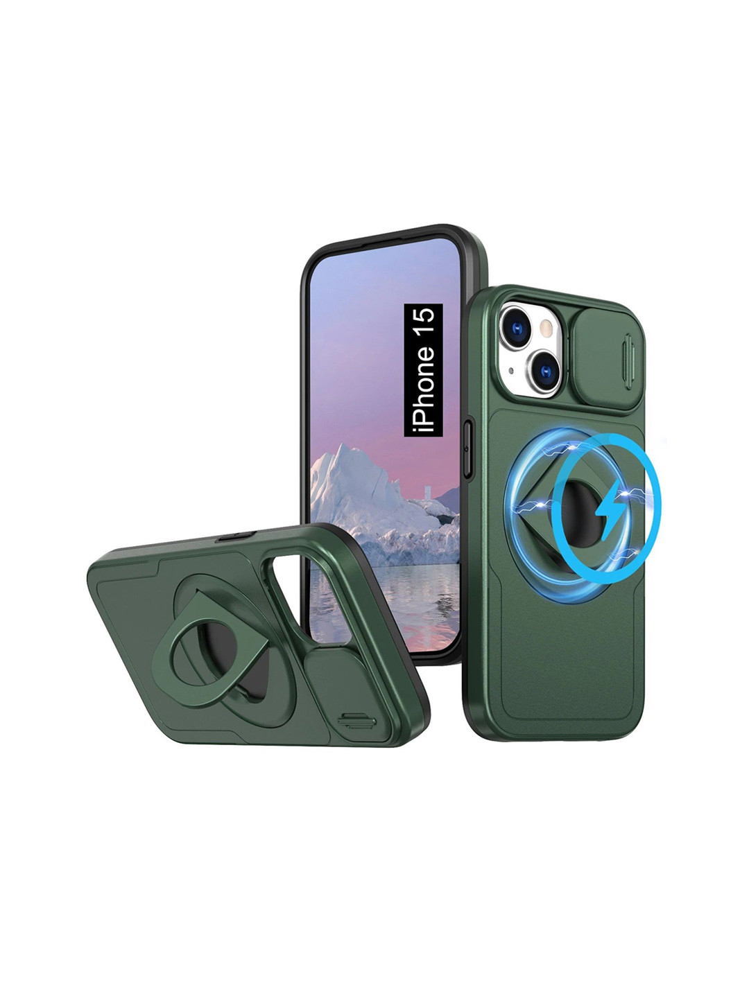 Luxury Kase Mag-Safe iPhone 15 Shockproof Rugged Case with Ring Kickstand