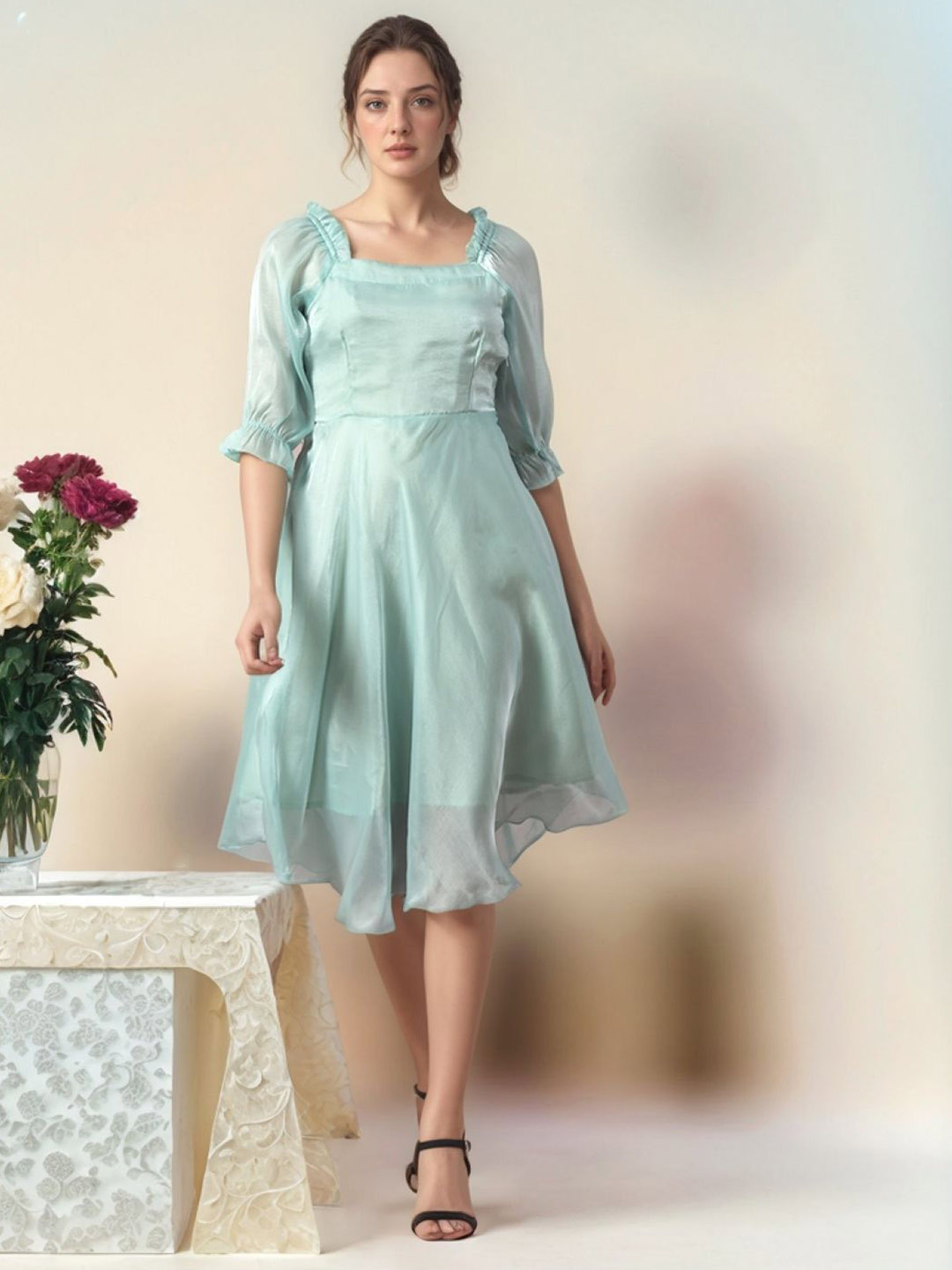 DressBerry Square Neck Silk Fit and Flare Dress