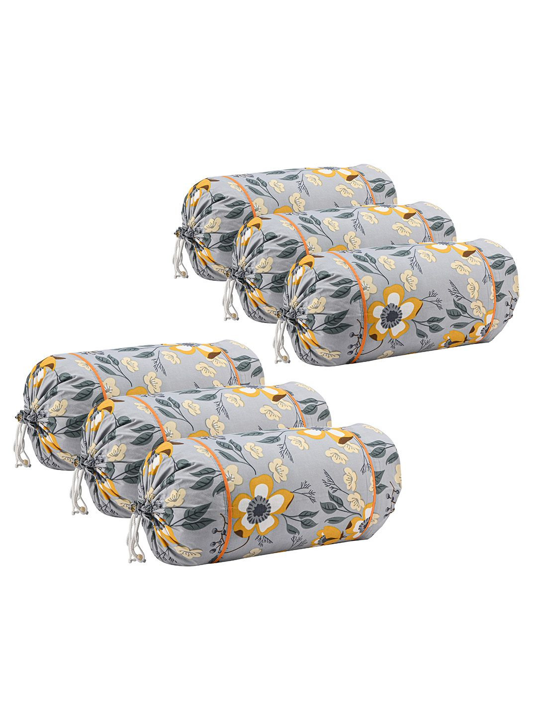 Kuber Industries 6Pcs Grey & Yellow Floral-Printed Cotton Bolster Covers With Drawstrings