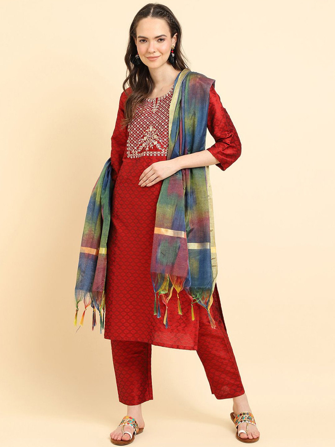 all about you Women Ethnic Motifs Embroidered Thread Work Kurta with Trousers & Dupatta