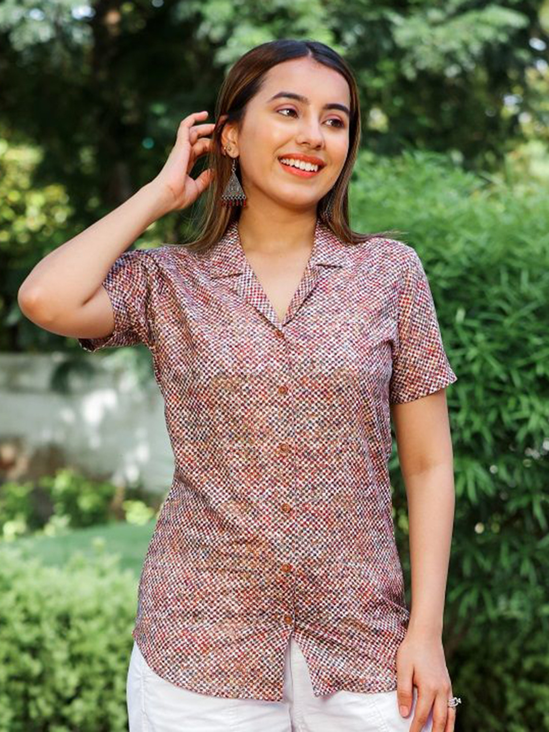 AC&F Abstract Printed Shirt Collar Top