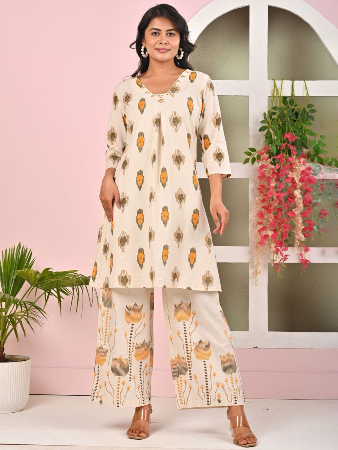 AUTUMN LANE Women Wespa Kesari Printed Cotton Top With Palazzo Co-Ords