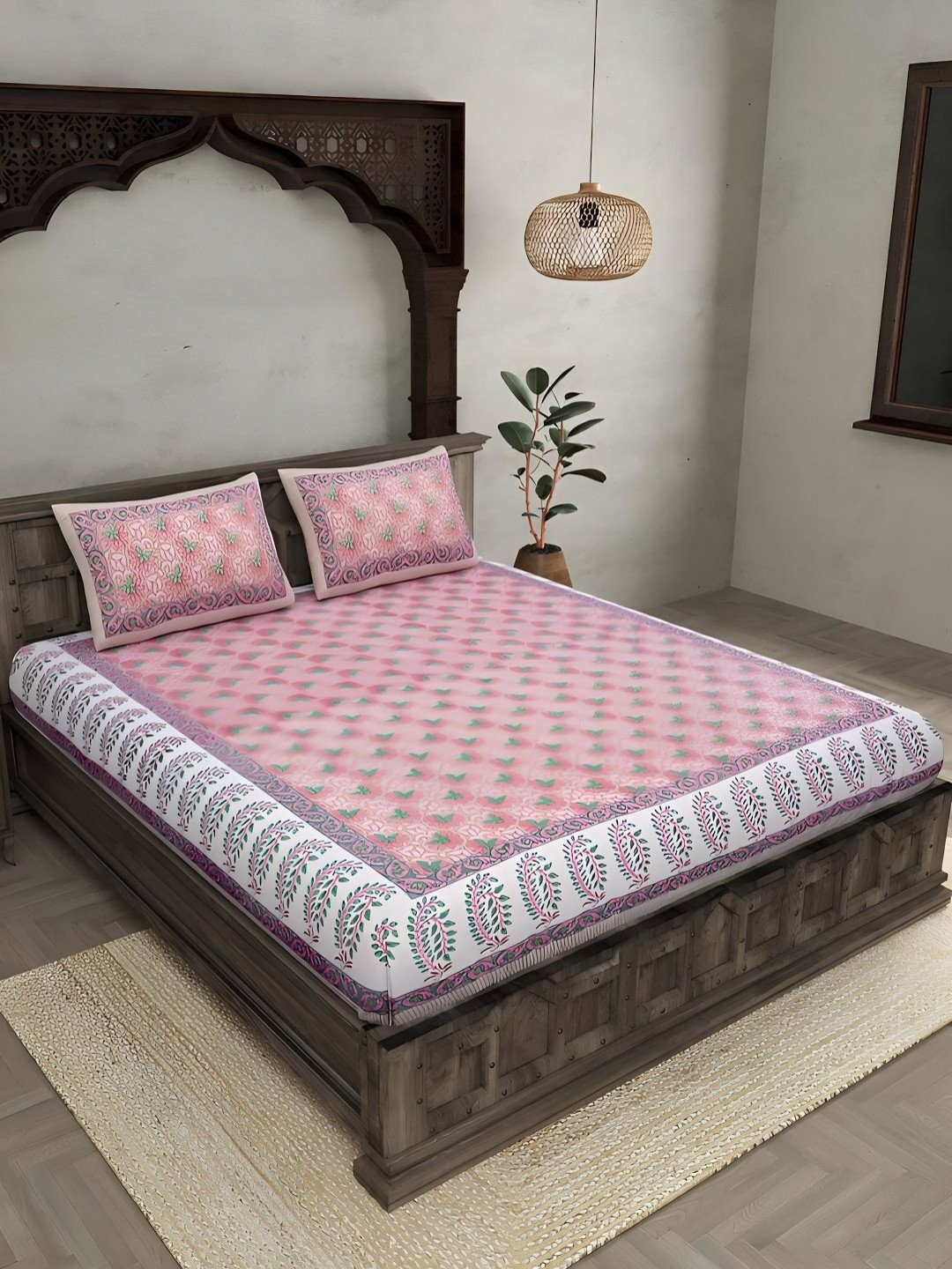 Myntra Elegant Homes Pink Printed Pure Cotton 240 TC King Bedsheet Set-2.74 m x 2.25 m