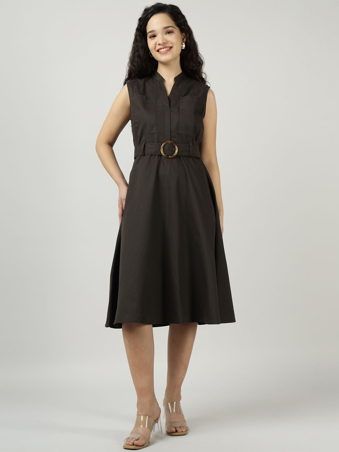 Sands of India Mandarin Collar Cotton Fit & Flare Dress With Belted