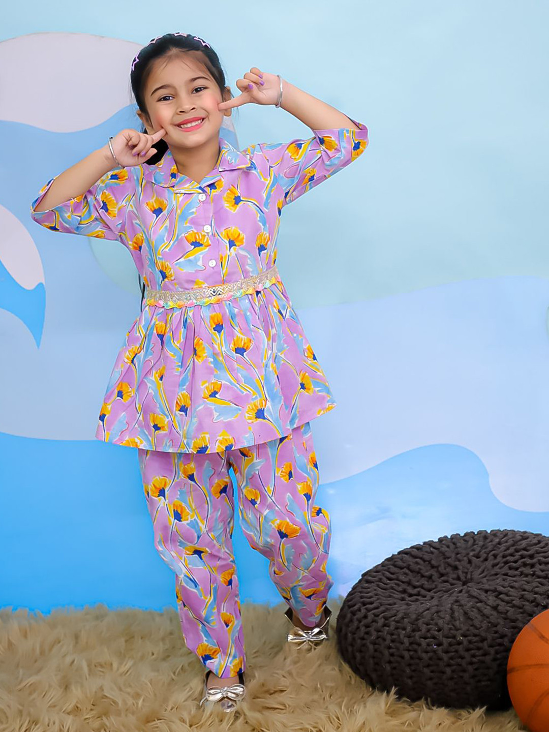 Aj DEZInES Girls Pink Floral Printed Pure Cotton Top With Trousers Clothing Set