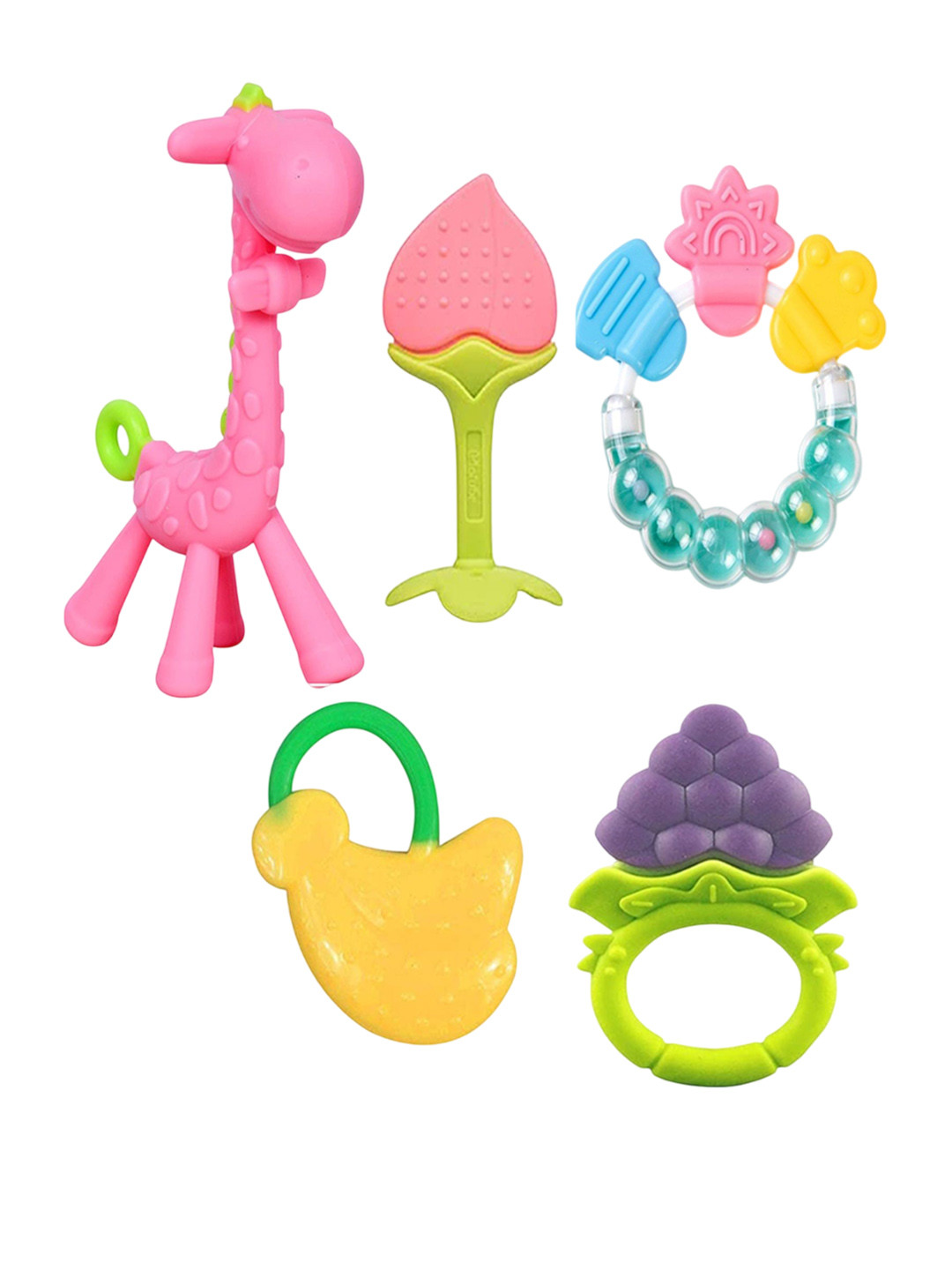 Joy Buzz Kids Set Of 5 Giraffe Rattle & Fruit Teether - Blue & Pink